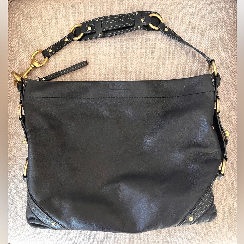 Coach Black Leather Hobo Bag with Gold Accents